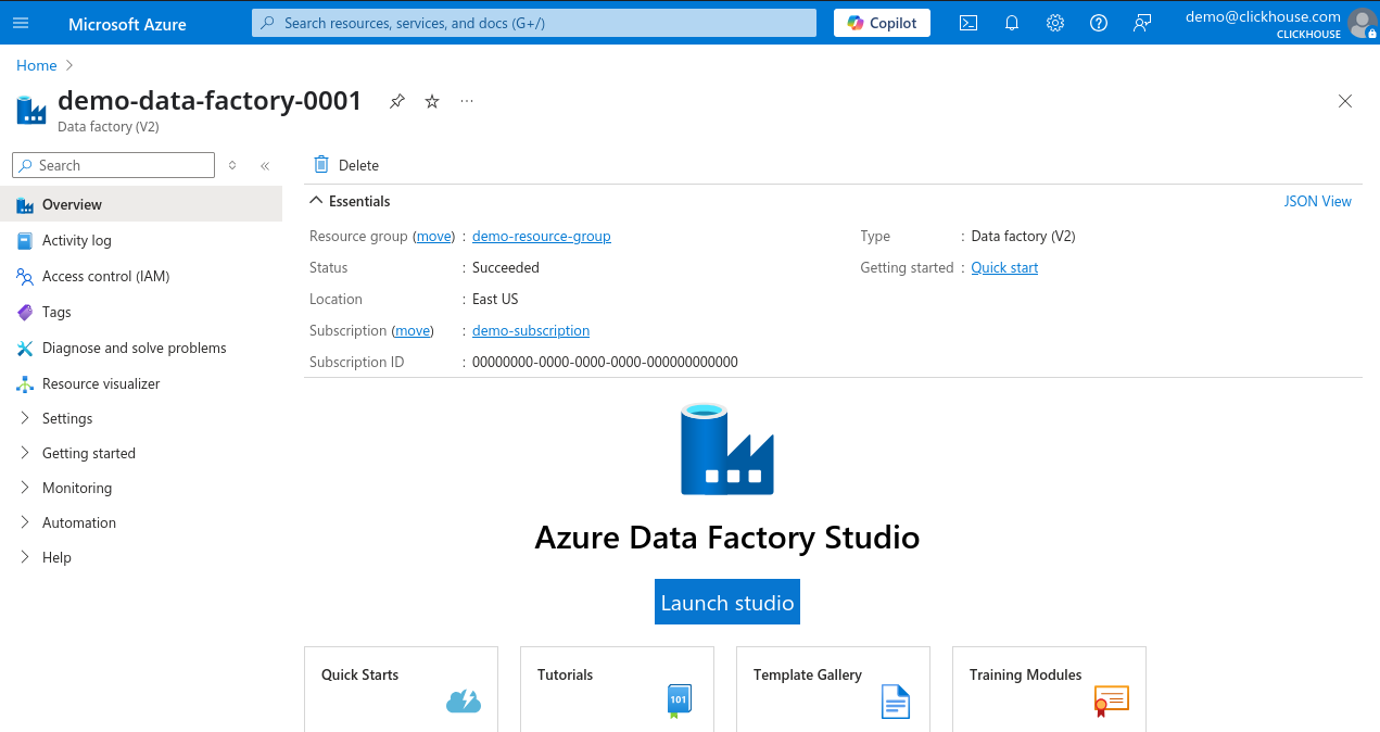 Azure Portal Data Factory 페이지