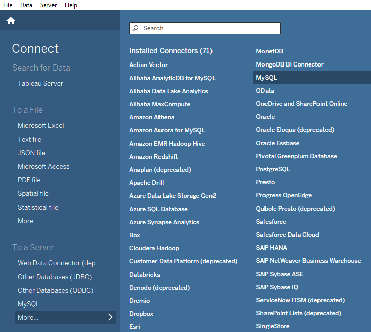 Tableau Desktop 인터페이스에서 Connect 메뉴가 보이고 MySQL 옵션이 강조 표시된 화면