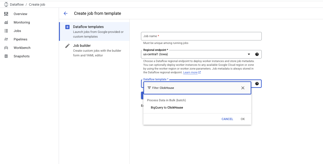 BigQuery to ClickHouse 템플릿 선택